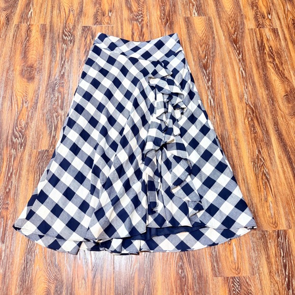 Lauren Ralph Lauren Dresses & Skirts - Ralph Lauren Navy Gingham Ruffle Front Midi Skirt Blue White Size 8 M Plaid